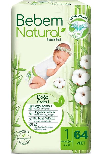 Bebem Natural بيبيم حفاضات أطفال مقاس طبيعي: 1 (2-5 كجم) لحديثي الولادة 192 قطعة عبوة شهرية