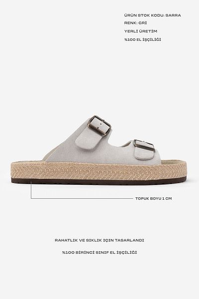 NİŞANTAŞI SHOES Sarrah Stone Gray Genuine Suede Double Buckle Detailed Flat Sole Women's Slippers