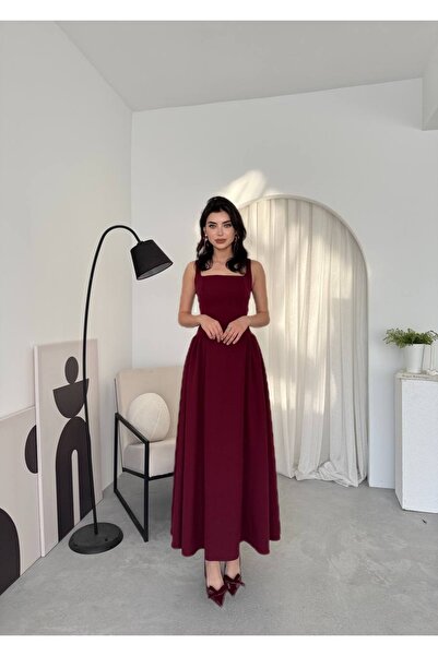 Berf Askılı Piliseli Çan Kesim Maxi Uzun Boy Premium Bordo Elbise