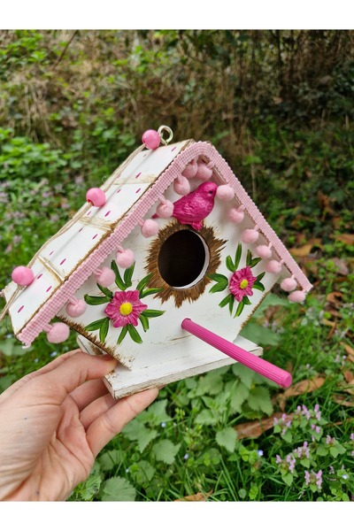 Home Ponpon süslemeli şirin kuş evi,bahçe için kuş yuvası