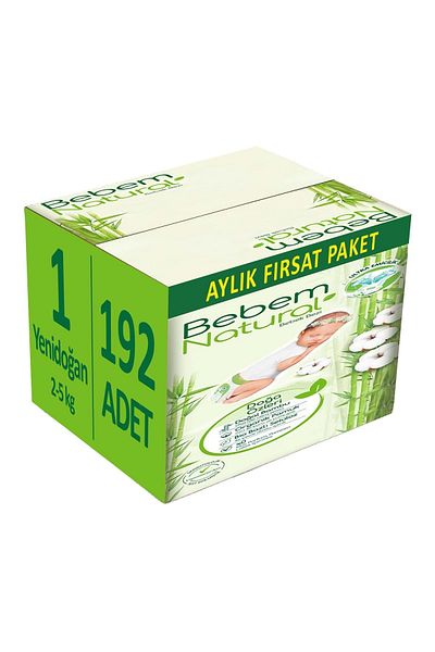 Bebem Natural بيبيم حفاضات أطفال مقاس طبيعي: 1 (2-5 كجم) لحديثي الولادة 192 قطعة عبوة شهرية
