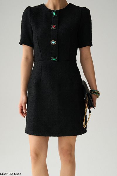 Berf Black Tweed Dress with Colorful Stone Detail