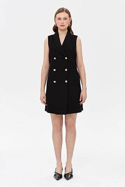 accort Kruvaze Yaka Kolsuz Krep Elbise-SİYAH