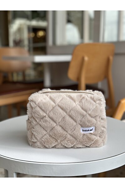 Batekso Cream Plush Makeup Bag - Large Size