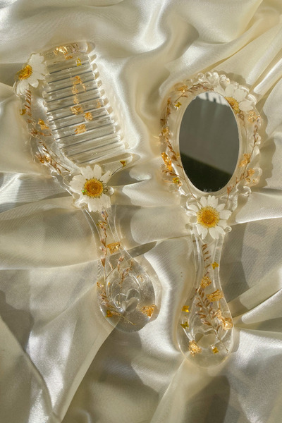 Beliert Gerçek Kurutulmuş Papatyadan Tasarım Tarak Ve Ayna Seti Hediyelik, Çeyizlik