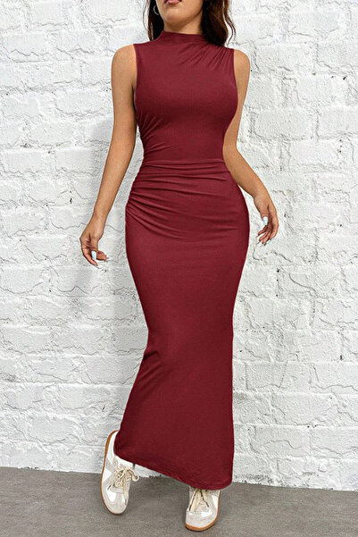 Cockatoo Kadın Bordo Drape Deyaylı Büzgülü Sıfır Kol Vücuda Oturan Esnek Sandy Maxi Elbise