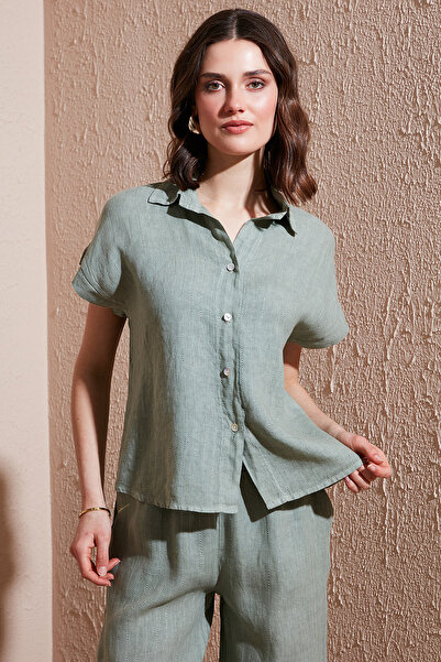 Via Dante Striped Regular Fit Straight Collar Short Sleeve Linen Shirt Shirt 6140Rn544