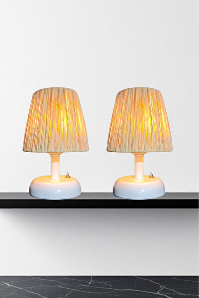 Bubihome 2 Adet Kablosuz Pilli Hasır Masa Lambası, Rafya Başlık Beyaz Gövde Bohem Pilli Abajur