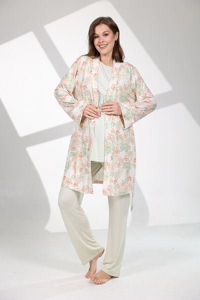 Rimel Homewear Mint Green Patterned Maternity Pajama Set with Dressing Gown