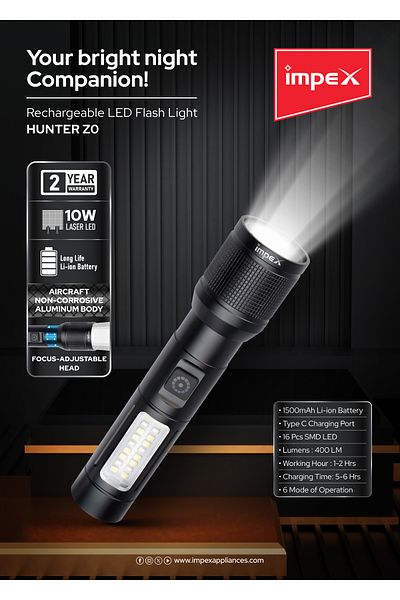 İMPEX مصباح يدوي LED قابل لإعادة الشحن من Impex (Hunter Z0)
