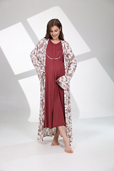 Rimel Homewear Şal Desenli Yumuşak Dokulu  Sabahlıklı Gecelik Takımı