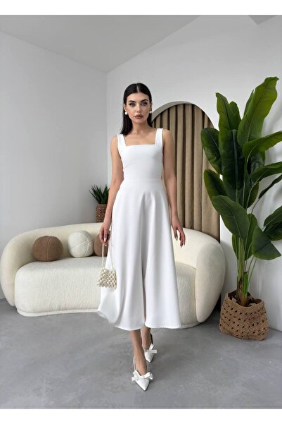 ETİKAFASHION KARE YAKA ASKILI KLOŞ UZUN ELBİSE