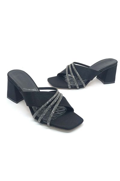 Kids Club Shoes Γυναικείες παντόφλες με τακούνι Feles Σατέν Ρίγες ΜΑΥΡΟ