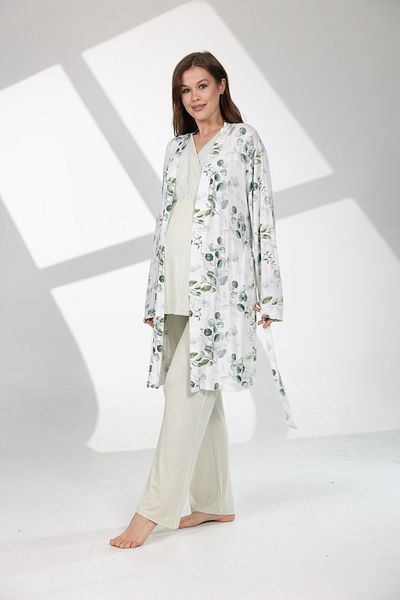 Rimel Homewear Floral Patterned Soft Textured Maternity Pajama Set with Dressing Gown