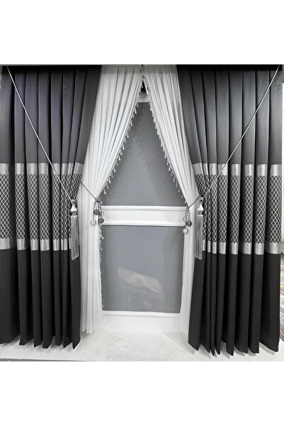 Koral Pano Fon Perde ( 2 Kanat ) -sık Pile -koyu antrasit Renk -yeni Sezon