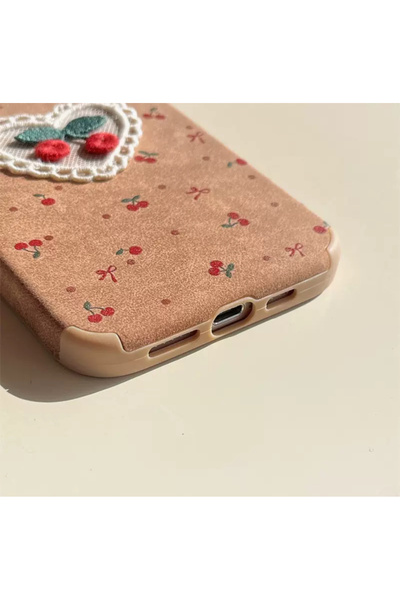 EDELFU iPhone 16 Pro Max - Cherry Heart Lace Brown Velvet Cover Heart Lace Silicone Case