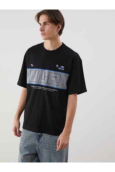 LC Waikiki Ανδρικό μπλουζάκι XSIDE Black Crew Neck με στάμπα χτενισμένο βαμβακερό