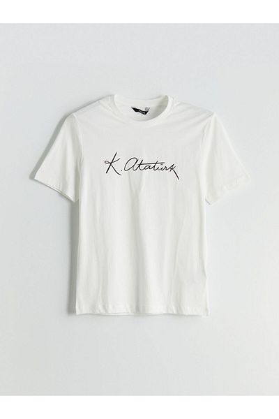LC Waikiki Ανδρικό μπλουζάκι με στάμπα XSIDE Ecru Crew Neck Atatürk Signature