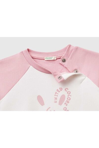 United Colors of Benetton Baby Pink Printed Raglan Sleeve Top and Drawstring Waist Sweatpants Set