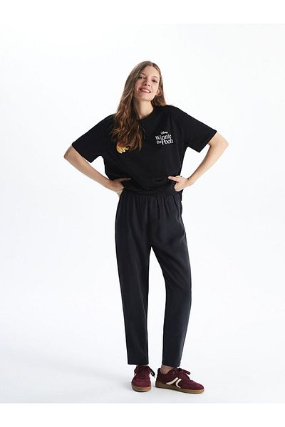LC Waikiki Xside Black Elastic Waist Linen Look Women's Trousers