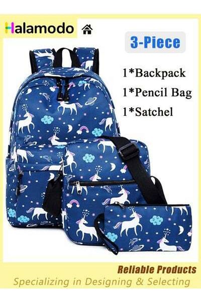 HALAMODO 3PCS School Backpack Set, Portable Unicorn Casual Daypack for Boys Girls, Students Shoulder Bag, Lap
