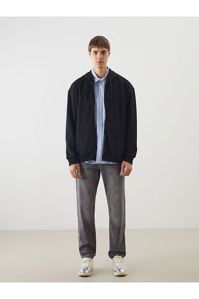 LC Waikiki Xside Black Hooded Long Sleeve Men's Zip-Up Sweatshirt