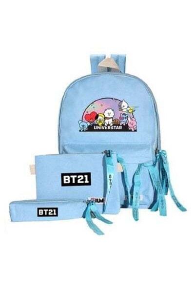 HALAMODO BTS 3-Piece Cute Cartoon Canvas Schoolbags with Large Capacity, Portable Casual Daypack for Students