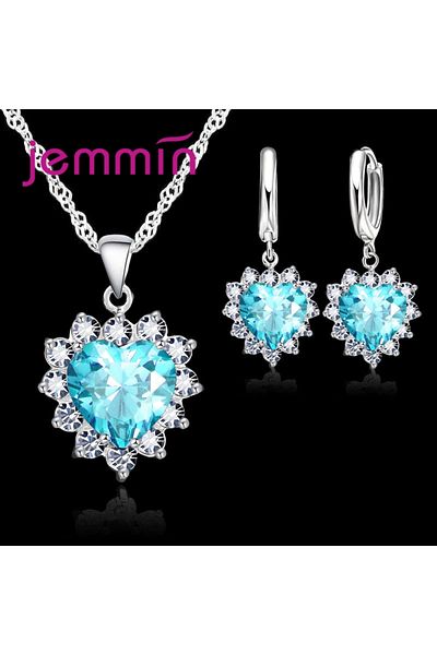 Choice Sky Blue Top Sale Wding Engagement Anniversary Gift Jewelry Sets 925 Silver Color Stamped Heart Pend