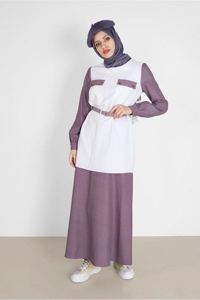 Alvina Double Skirt Suit with Belt and Pocket Detail - 42170