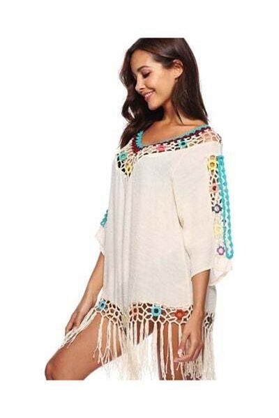 HALAMODO Women Swimsuit Cover Up, Half Sleeve Bikini Cover-up, Hollow Embroidery Floral Lace Beach Dress, Bea