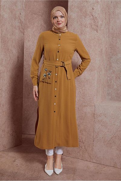 Alvina Long Tunic - Floral Embroidery, Button and Belt 43732