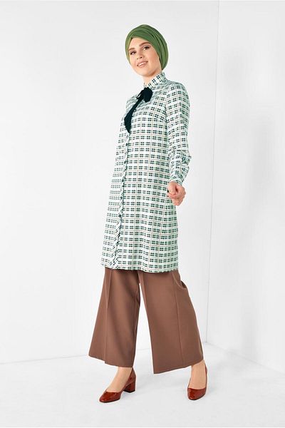 Alvina Plaid Patterned Tunic with Lace-Up Collar 4912