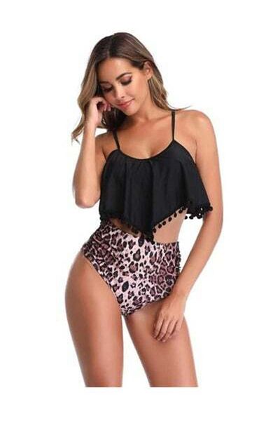 HALAMODO 2 PCS Women Swimsuit, Bathing Suit, Bandeau Bikini Set, Swimwear with Adjustable Strap, Ruffled Flou