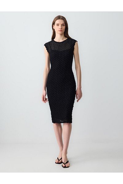 Jimmy Key Black Slim Fit Round Neck Lace Detailed Knitted Midi Dress