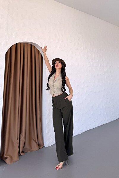 Stil Reyonu Scuba Krep Kumaş En Boy Likralı Ön Pile Detaylı Düğmeli Palazzo Pantolon