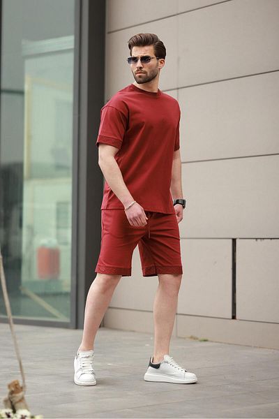 Madmext Claret Red εμπριμέ 100% βαμβακερό ανδρικό σορτς T-Shirt Σετ E7312