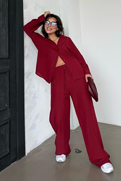 Madmext Red Linen - Women's Shirt and Pants Two-Piece Suit Mg2356