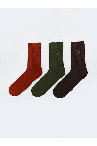 LC Waikiki Lcw Accessories Khaki Embroidered Men's Socks 3-Piece