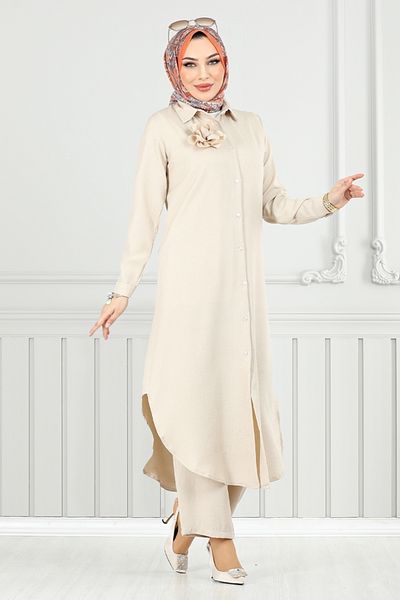 ModaMerve Front Buttoned Hijab Suit 815Ozr1047-M Stone