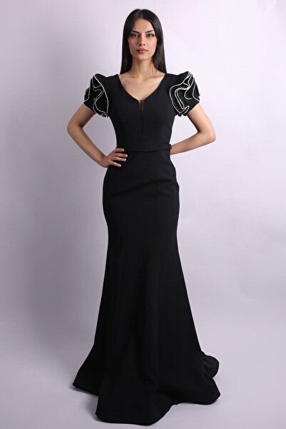 SpringStore Siyah Kolları Krep Abiye Elbise