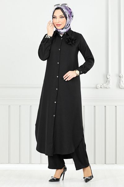 ModaMerve Costum Hijab cu nasturi în față 815OZR1047-M Negru