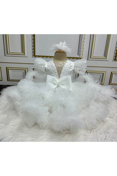 İlknur Karaca Design White Beaded Sequin Girl's Dress Special Occasion Dress
