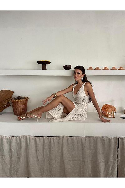 Serenay Atelier Διάτρητο στήθος με λουράκι μακρύ γυναικείο πλεκτό 100% βαμβακερό φόρεμα παραλίας