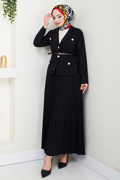 ModaMerve Costum cu guler dublu cu centură 16201BSK984-M Negru