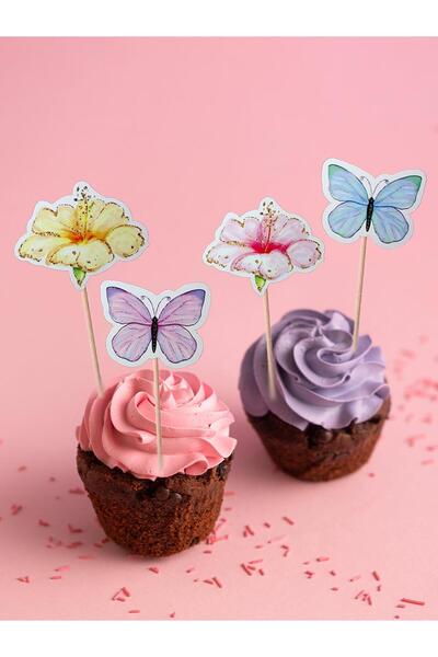 Parti Adresi Kelebek Çiçek Temalı Kürdan Makaron Renkli Cupcake Kürdanı Pasta...