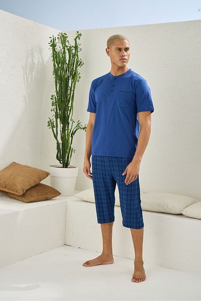 KLY 100% BUMBAC GULER CU TREI BUTONI MODEL ÎN CARĂȚI Costum de pijama capri pentru bărbați