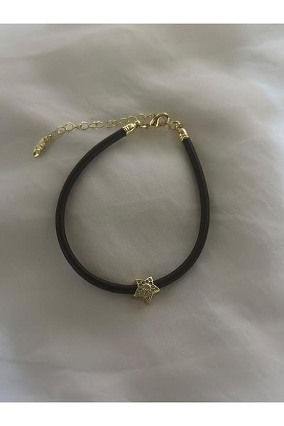 MyladyAccessoriess Steel Bracelet with Zircon Stone Star Figure and Black Piping Strap Detail