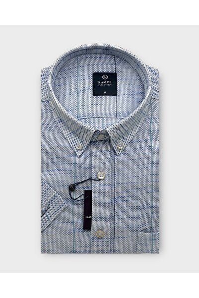 KAMER Men Regular Fit Short Sleeve 100% Cotton Button Collar Single Pocket Blue Shirt 9385m