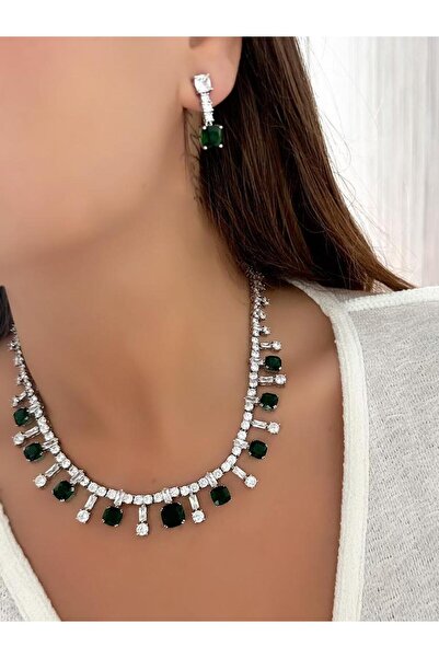 MyladyAccessoriess 22K Altın Kaplama Yeşil Baget ve Zirkon Taş Detaylı Abiye ...