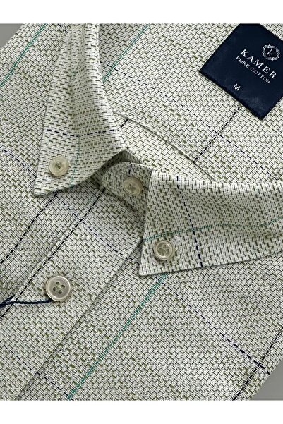 KAMER Men Regular Fit Short Sleeve 100% Cotton Button Collar Single Pocket Green Shirt 9385Y